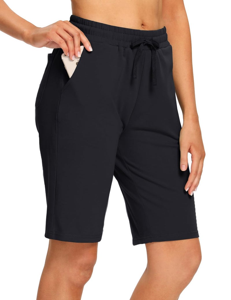 EZRUN Womens Bermuda Shorts Summer Sweat Shorts with Deep Pockets 10" Cotton Shorts for Women Gym Workout Black - Image 2